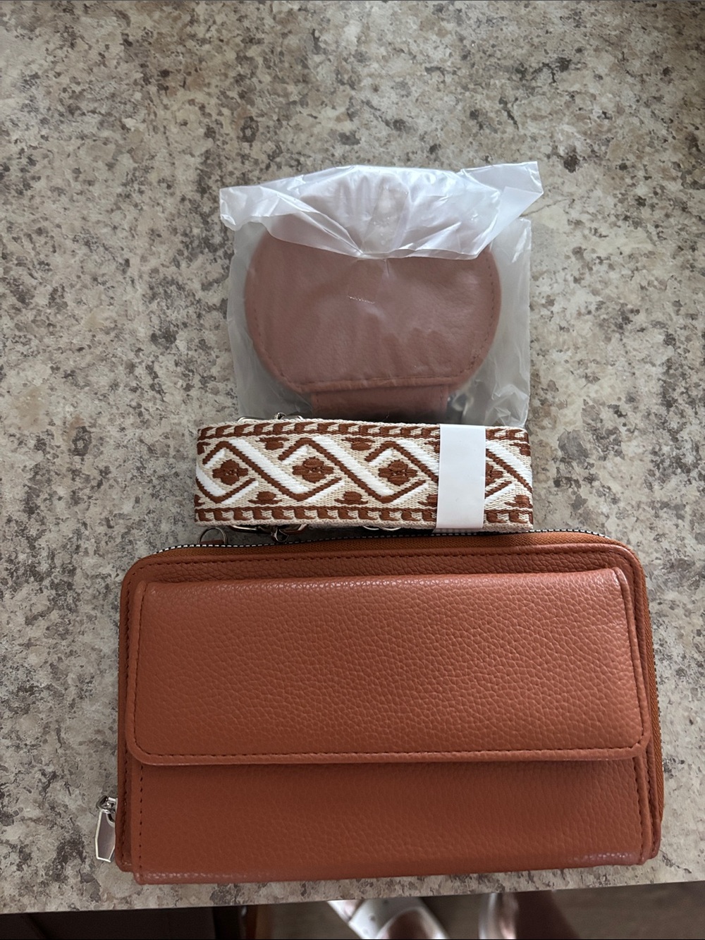 Tan Leather Crossbody Wallet with Patterned Strap